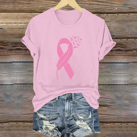 CLOISE Pink Breast Cancer Tops Women Short Sleeve Crewneck Tops Ribbon Pink Breast Cancer Survivor Gifts Tee Shirts Cute Loose Shirts Cancer Support Clothes Pink XL