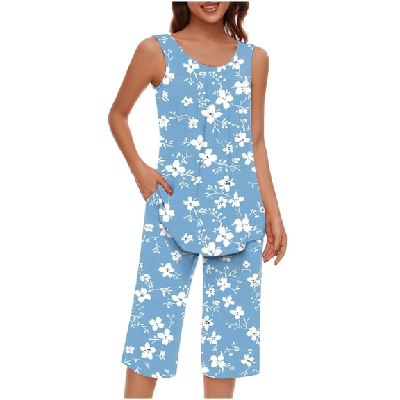 CLOISE Pj Set Women 2 Piece Soft Tank Top Sleepwear Tops and Casual Capri Pants Pajama Sets Cozy Floral Graphic Fall Pjs