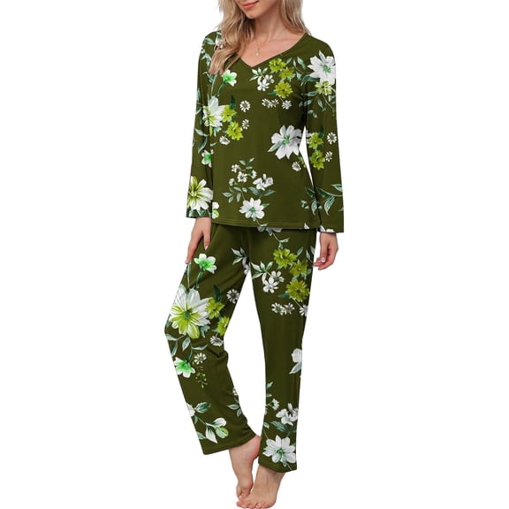 CLOISE Pj Set Women 2 Piece Soft Long Sleeve Sleepwear Tops and Casual Lounge Pants Pajama Sets Cozy Flower Graphic Fall Loungewear