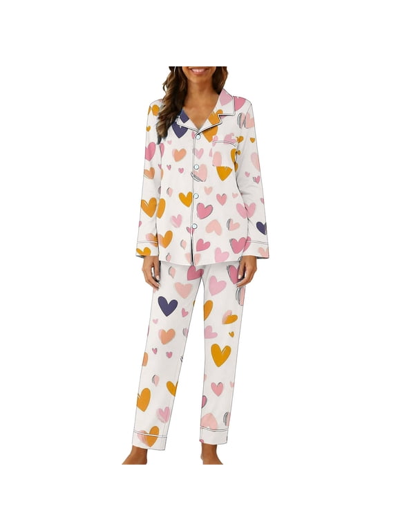 Pjs Sets for Women Long Sleeve Valentines Pajamas Button down Shirts and Pant Heart Lounge Set 2 Piece Loungewear White