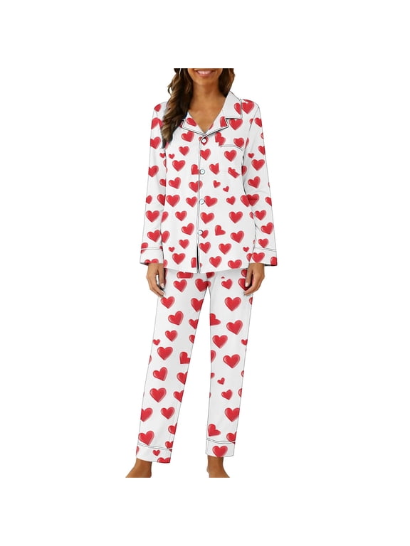 Pjs Sets for Women Long Sleeve Valentines Pajamas Button down Shirts and Pant Heart Lounge Set 2 Piece Sleepwear White