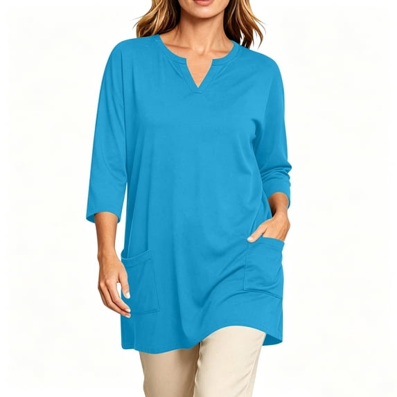 CLOISE Plus Size 3/4 Sleeve Tops for Women Shirts Loose Solid Color V Neck Pullover Trendy Fall Tunic Clothes with Pockets Blue 3XL
