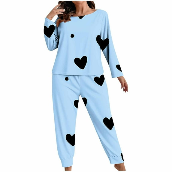 CLOISE Plus Size Pajamas for Women Set Valentines Pjs Sets Long Sleeve Tops and Pant Heart Lounge Set 2 Piece Sleepwear Light Blue
