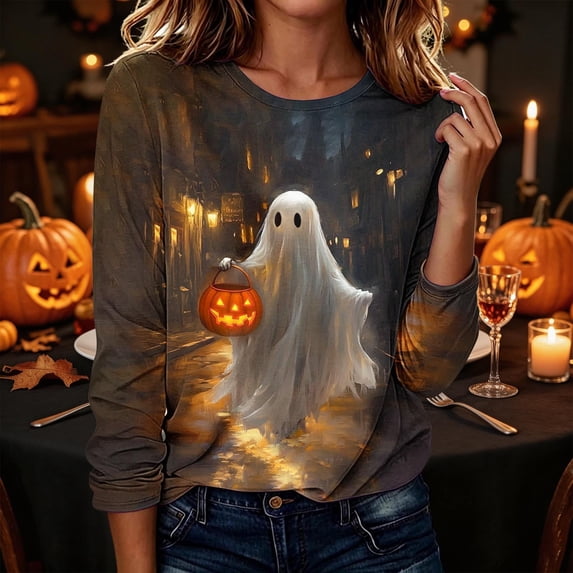 CLOISE Plus Size Shirts for Women Halloween Crew Neck Casual Pullover Ghost Long Sleeve Tee Tops Fall Slim Clothing for Daily Wear Multicolor S