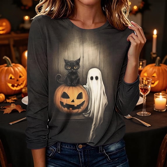 CLOISE Plus Size Shirts for Women Halloween Crew Neck Casual Pullover Ghost Long Sleeve Tee Tops Fall Slim Outfits for Daily Wear Multicolor S