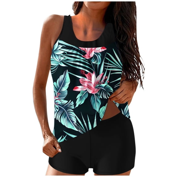 CLOISE Plus Size Swimsuits for Women Tankini Two Piece Swimwear with Boy Shorts High Waisted Full Coverage Flowers Bathing Suit Hawaiian Beachwear
