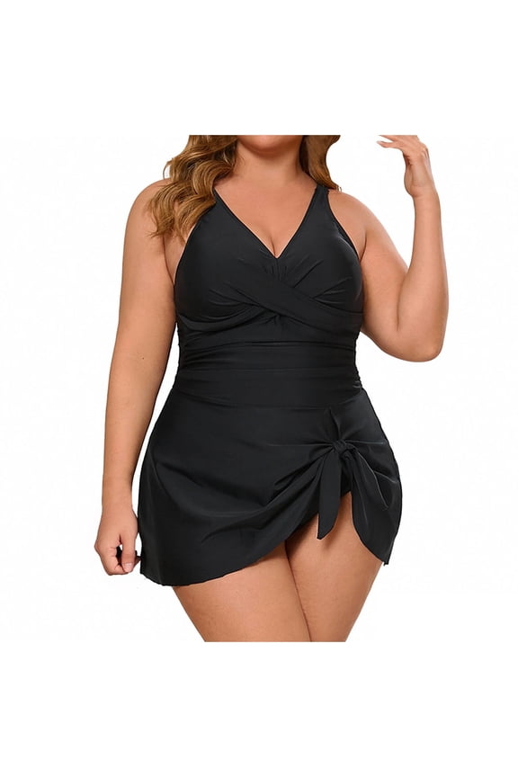 Plus Size Swimwear Tankini Womens with Underwire Two Piece Built in Bra Swim Dress Full Coverage Swimsuits Crossed Adjustable Side Straps Solid Bathing Suit Elegant Beachwear