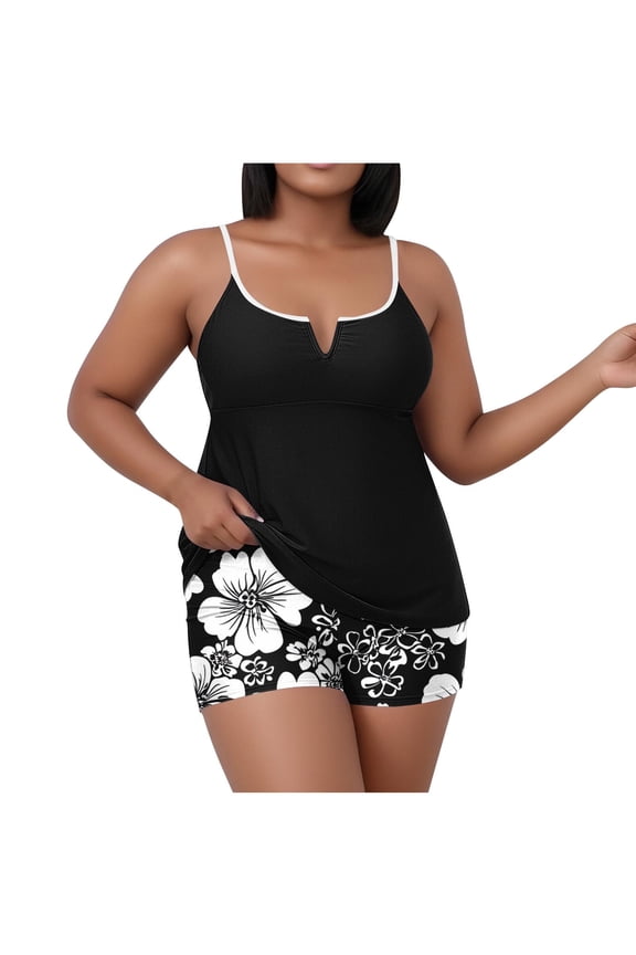 Plus Size Swimwear Tankini Womens with Underwire Two Piece Swimsuits with Boy Shorts Built in Bra Full Coverage Bathing Suit Flowers Hawaiian Beachwear