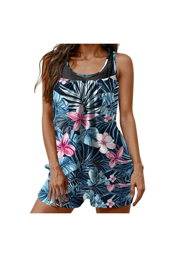 Plus Size Swimwear Tankini Womens with Underwire 2 Piece with Boy Shorts Full Coverage Swimsuits Flowers Bathing Suit Vacation Beachwear