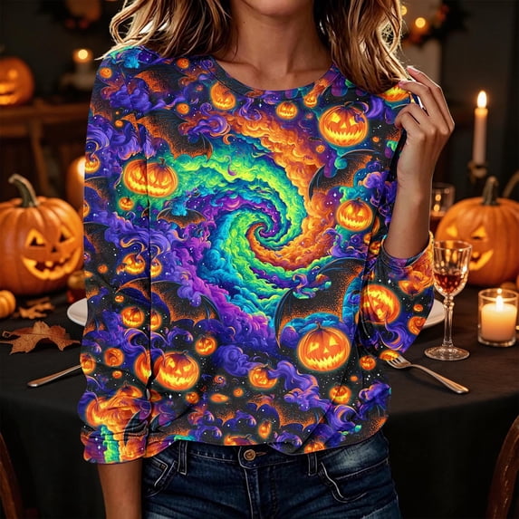CLOISE Plus Size Tops for Women Dressy Casual Halloween Crew Neck Shirts Pumpkin Long Sleeve Pullover Fall Slim Clothing for Daily Wear Multicolor S