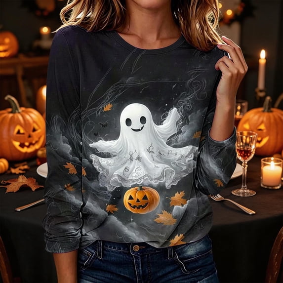 CLOISE Plus Size Tshirts for Women Halloween Crew Neck Casual Tee Tops Ghost Long Sleeve Pullover Fall Slim Outfits for Daily Wear Multicolor M
