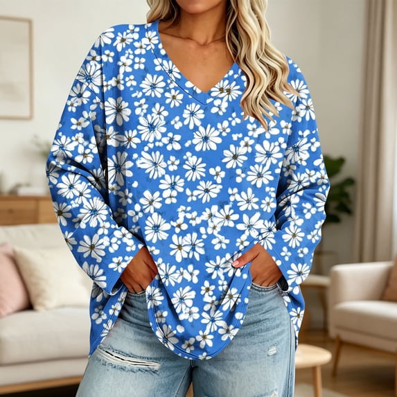 CLOISE Plus Size Tunic Tops Women Long Sleeve V Neck Casual Shirts Floral Pullover Fall Loose Clothing Sky Blue 4XL