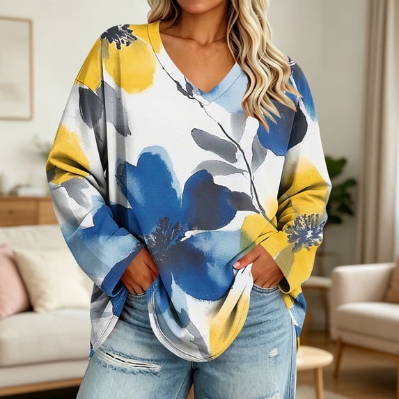 CLOISE Plus Size Tunic Tops for Women V Neck Casual Pullover Floral Long Sleeve Shirts Fall Loose Outfits White 3XL