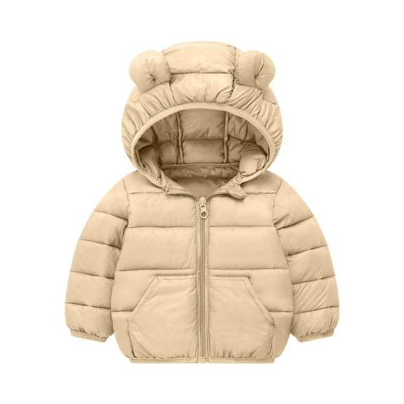 CLOISE Puffer Jacket Kids Girl with Bear Ear Hood Short Down Filled Zipper Pockets Snowsuit Khaki 80-120