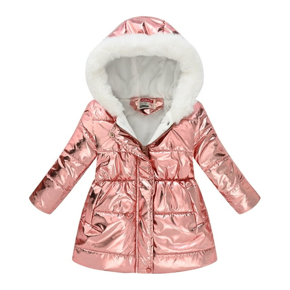 CLOISE Puffer Jacket Kids Girl with Hood Long Fleece Lining Pockets Snow Outwear Rose Gold 4-11T