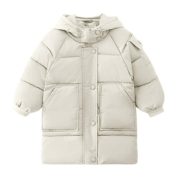 CLOISE Puffer Jacket Kids Girl with Hood Long Pockets Snowsuit Winter Coats White 2-13T