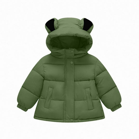 CLOISE Puffer Jacket for Toddler Boys with Bear Ear Hood Short Fleece Lining Pockets Snowsuit Green 90-130