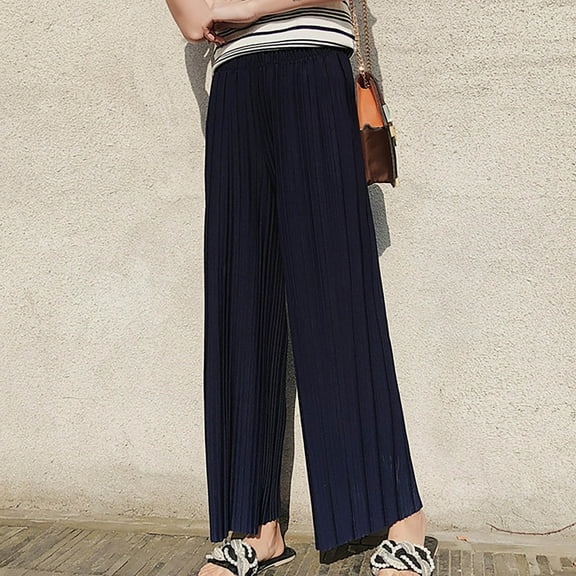 CLOISE Pull on Palazzo Pants for Women Casual Wide Leg Pants High Waisted Stretchy Wide Leg Pants Elastic Waist Comfy Palazzo Pants Pull On Wide Leg Pants Lightweight Loose Palazzo Pants Navy