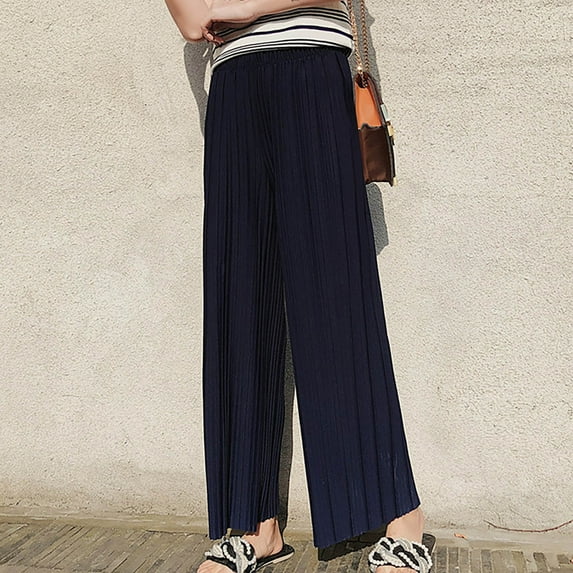 CLOISE Pull on Palazzo Pants for Women Casual Wide Leg Pants High Waisted Stretchy Wide Leg Pants Elastic Waist Comfy Palazzo Pants Pull On Wide Leg Pants Lightweight Loose Palazzo Pants Navy