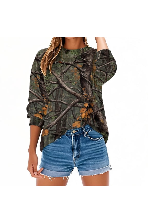 Pullover Sweatshirts for Women No Hoodie Plus Size Crew Neck Tops Camouflage Long Sleeve Oversized Clothes