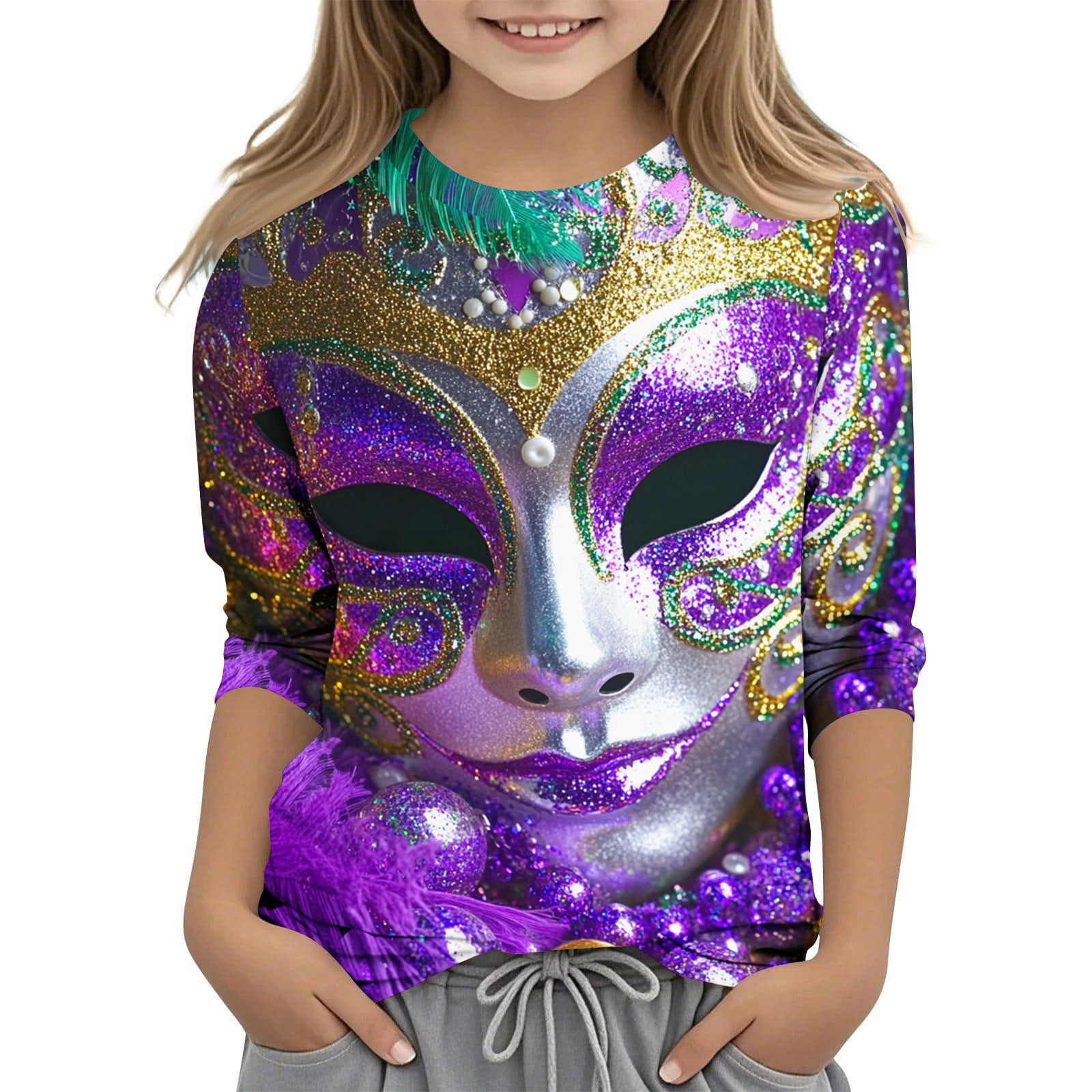 CLOISE Purple Mardi Gras Kids 3/4 Sleeve Shirts Boys Girls Youth Crew CLOISE Purple Mardi Gras Kids 3/4 Sleeve Shirts Boys Girls Youth Crew
