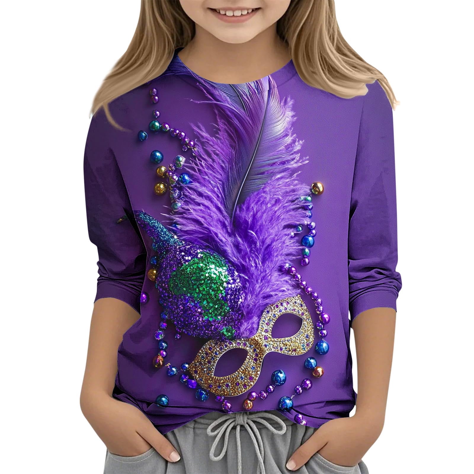 CLOISE Purple Mardi Gras Kids Shirts Boys 3/4 Sleeve Girls Youth Crew ...