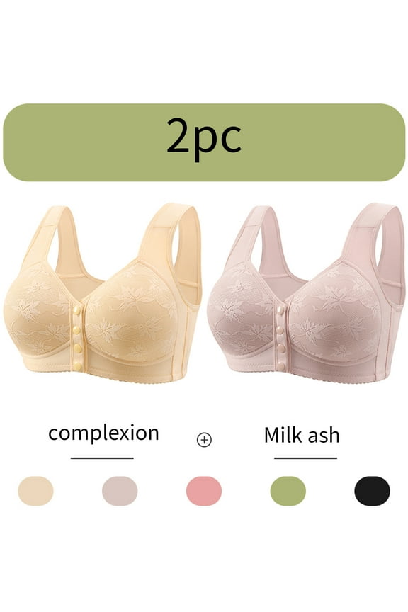 Push up Bras for Women Plus Size 2 Pack Front Closure Full Coverage No Underwire Bras for Seniors Wireless Front Close Push up Bras with Back Support Lace Everyday Bras Beige XL
