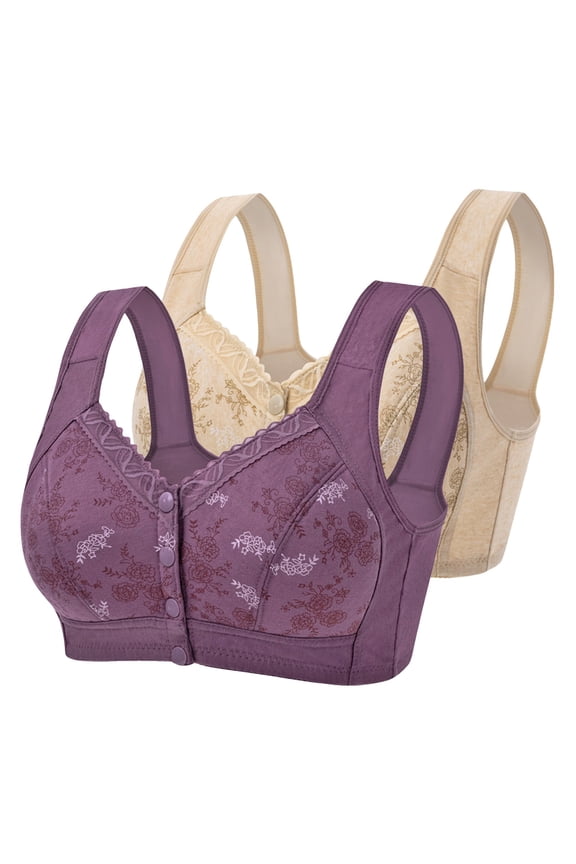 Push up Bras for Women Plus Size 2 Pack Front Closure Full Coverage No Underwire Bras for Seniors Wireless Front Close Push up Bras with Back Support Lace Everyday Bras Beige 3XL