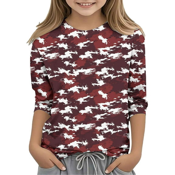 CLOISE Red Kids White T Shirt Boy Girls Youth 3/4 Sleeve Crew Neck Tops Camouflage Outfits Fall Winter Clothes 3-12T