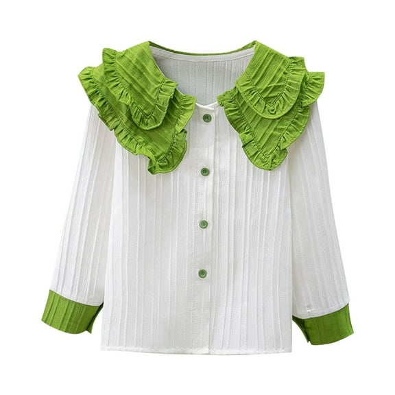 CLOISE Shirt Boys Button Down Youth Long Sleeve Collared Tops Color Block Ruffle Trim Cotton Casual Fashion Fall Winter Clothes Green 3-13T