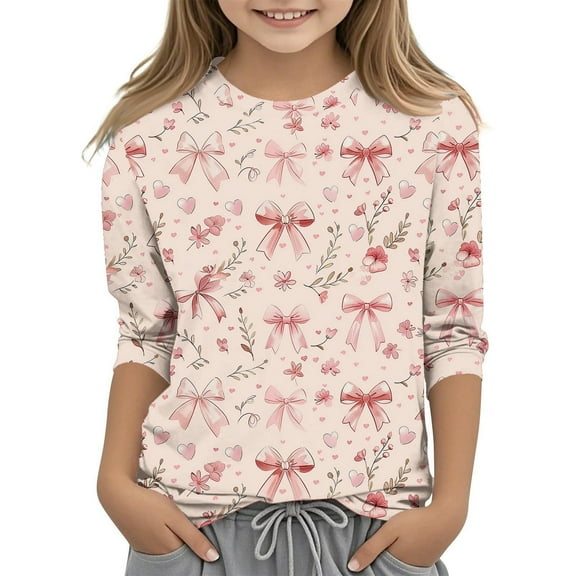 CLOISE Shirt Girls 3/4 Sleeve Boys Teen Crew Neck Tops Bow Print Casual Fashion Fall Winter Clothes Multicolor 130