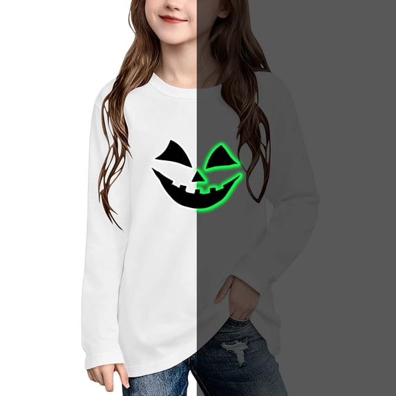 CLOISE Shirts for Kids Boys Girls Long Sleeve Halloween Glow in the Dark Cotton Crew Neck Casual Pullover Pumpkin Tee Tops Fall Slim Tunic Outfits for Daily Wear White 3T