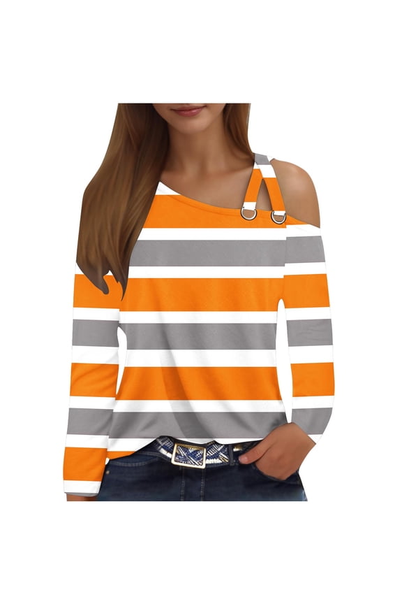 Shirts for Women Fall Trendy Striped Blouses V Neck Long Sleeve Cold Shoulder Tees Loose Color Block Hollow Asymmetrical Tops Y2k Outfits Orange L