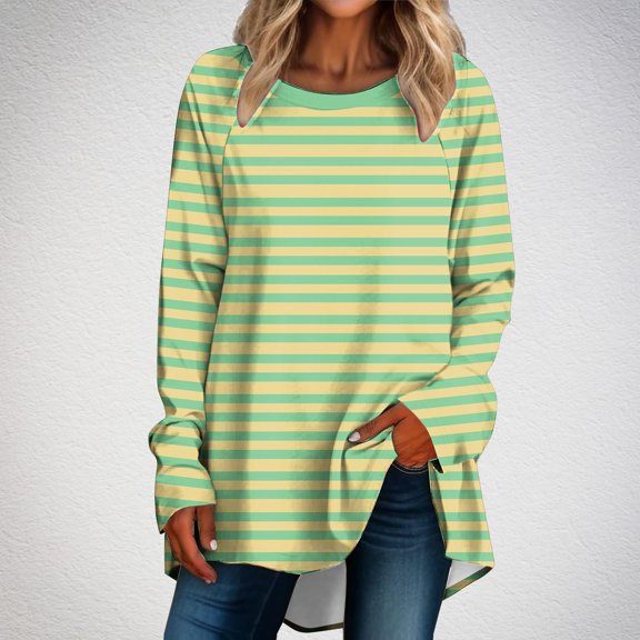 CLOISE Shirts for Women Plus Size Fall Trendy Striped Blouses Crew Neck Long Sleeve Raglan Tees Loose Color Block Tops Y2k Outfits Mint Green 3XL
