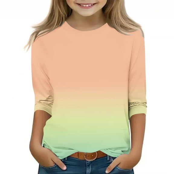 CLOISE Shirts for Girls 3/4 Sleeve Boys Teen Crew Neck Tops Gradient Outfits Fall Winter Clothes Orange 140