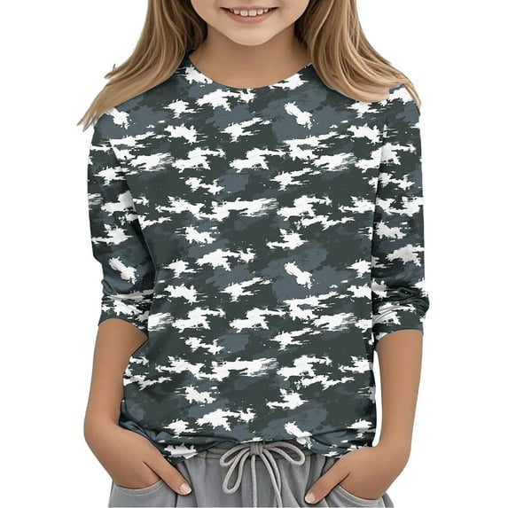 CLOISE Shirts for Girls 3/4 Sleeve Boys Youth Crew Neck Tops Camouflage Outfits Fall Winter Clothes Dark Gray 3-12T