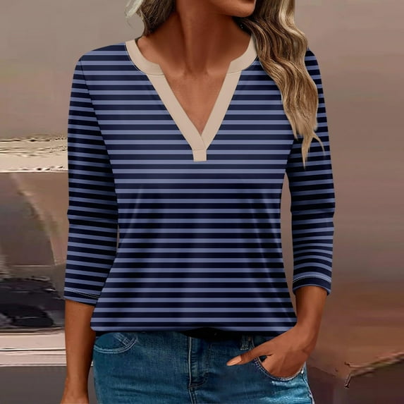 CLOISE Shirts for Women Fall Cute Striped Blouses V Neck 3/4 Sleeve Tees Tunic Color Block Basic Tops Elegant Clothes Dark Blue M