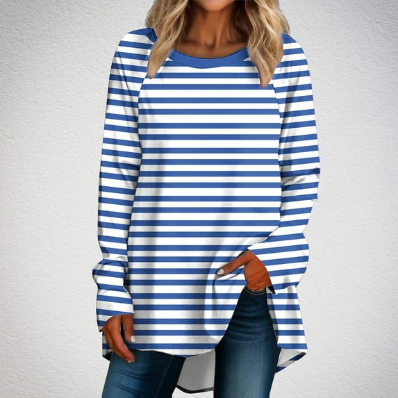 CLOISE Shirts for Women Fall Fashion Striped Blouses Crew Neck Long Sleeve Raglan Tees Comfy Color Block Tops Y2k Outfits Light Blue L