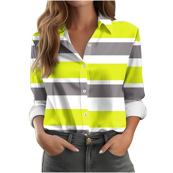 CLOISE Shirts for Women Fall Trendy Striped Blouses Lapel Long Sleeve Tees Loose Button Down Colorblock Dressy Casual Tops Y2k Outfits Yellow L