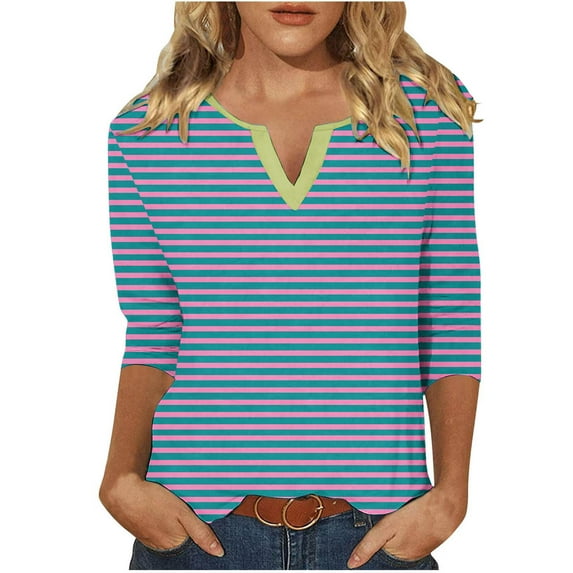 CLOISE Shirts for Women Fall Trendy Striped Blouses V-Neck 3/4 Sleeve Tees Loose Color Block Basic Tops Y2k Outfits Blue XL