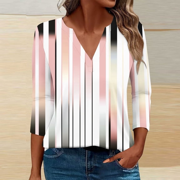 CLOISE Shirts for Women Fall Trendy Striped Blouses V Neck 3/4 Sleeve Tees Loose Colorblock Basic Tops Y2k Outfits Pink S