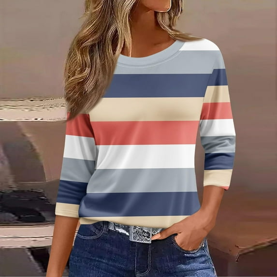 CLOISE Shirts for Women Plus Size Fall Fashion Striped Blouses Round Neck 3/4 Sleeve Tees Comfy Color Block Basic Tops Y2k Outfits Orange 4XL