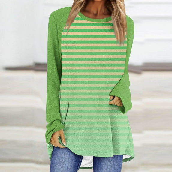 CLOISE Shirts for Women Plus Size Fall Trendy Striped Blouses Crew Neck Long Sleeve Raglan Tees Loose Color Block Tops Y2k Outfits Green 3XL