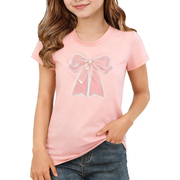 CLOISE Short Sleeve Shirt Girls Tops Crewneck Casual Pullover Graphic Summer Blouses Pink 3-4T