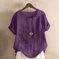 thumbnail image 1 of CLOISE Short Sleeve Shirt Women Plus Size Tops Button Round Neck Casual Pullover Graphic Summer Blouses Purple, 1 of 5