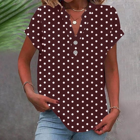 CLOISE Short Sleeve Shirt Women Plus Size Tops Button V Neck Casual Pullover Print Summer Blouses Red 3XL