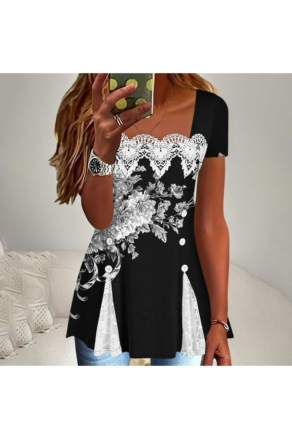 Short Sleeve Shirt Women Plus Size Tops Square Neck Casual Pullover Print Summer Blouses Black 3XL