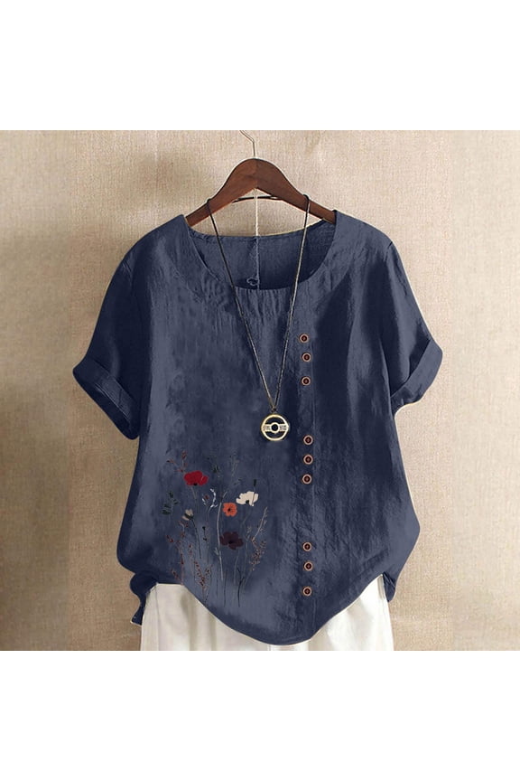 Short Sleeve Shirt for Women Plus Size Tops Button Crewneck Casual Pullover Graphic Summer Blouses Navy
