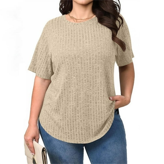 CLOISE Short Sleeve Shirt for Women Plus Size Tops Round Neck Casual Pullover Ribbed Knit Solid Color Loose Summer Blouses Khaki