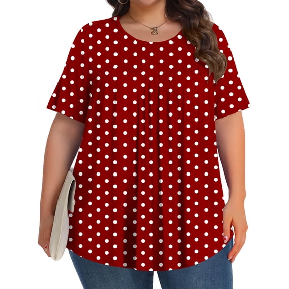 CLOISE Short Sleeve Shirt for Women Plus Size Tops Tunic Round Neck Casual Pullover Print Summer Blouses Red